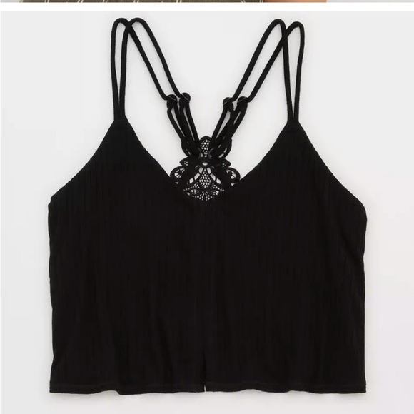 Aerie Ribbed Black Strappy Crop Top with lace detail size Medium NWT - Picture 1 of 11